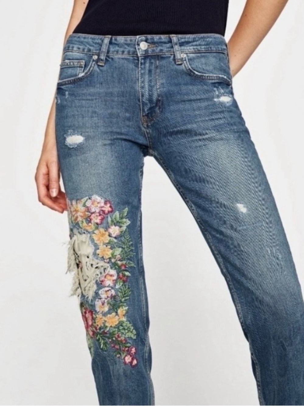 Zara Premium Denim Collection Slim Boyfriend Embroidered Jeans 6 Moonflower